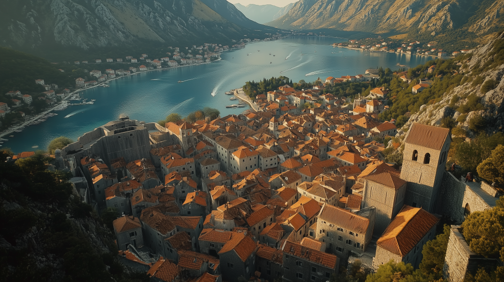 Ein beeindruckender Blick auf eine mediterrane Altstadt mit roten Dächern, umgeben von Bergen und Meer.