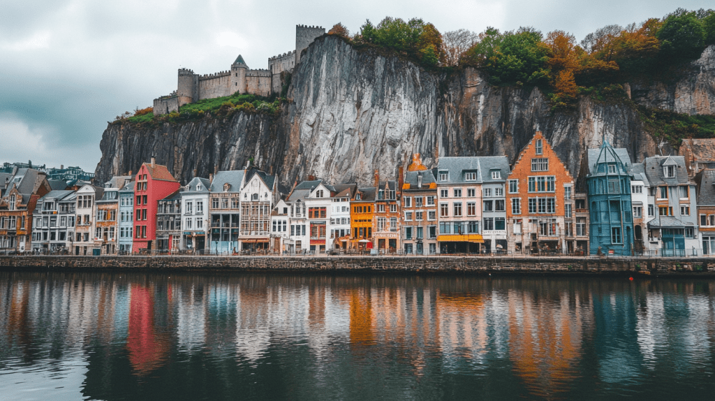 Eine Reihe bunter Häuser an einem ruhigen Fluss mit einer imposanten Burg auf einem Felsen im Hintergrund