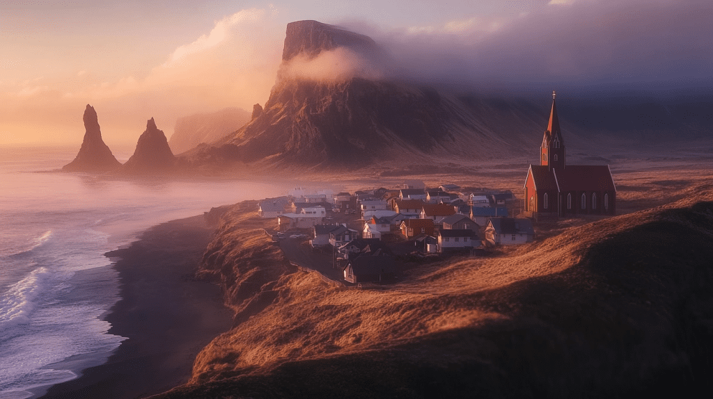 Eine kleine Siedlung mit charmanten Steinhäusern, umgeben von nebelverhangenen Hügeln.