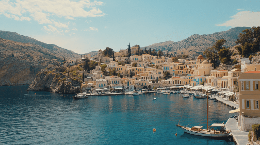Eine idyllische Küstenstadt mit pastellfarbenen Häusern und Segelbooten im ruhigen Hafen.