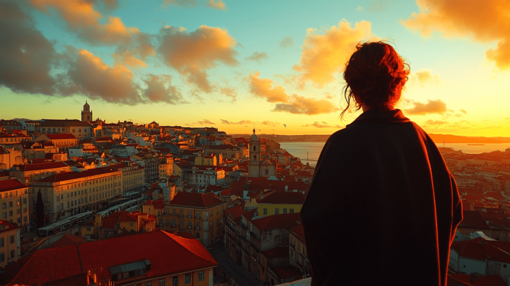 Eine Reisende blickt bei Sonnenaufgang über die Dächer einer europäischen Stadt.
