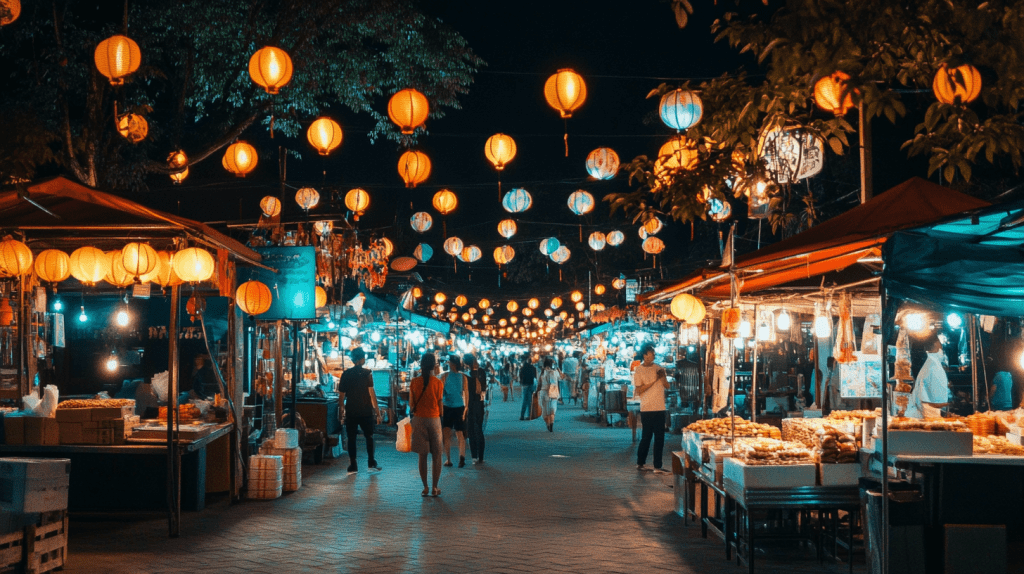 Ein lebhafter Nachtmarkt mit leuchtenden Laternen und Marktständen in einer asiatischen Stadt.
