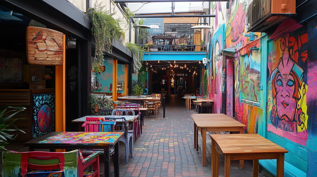 Eine lebendige, farbenfrohe Gasse mit Street-Art-Graffitis und kreativen Restaurantmöbeln unter freiem Himmel.