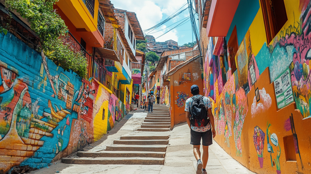 Ein Tourist mit Rucksack geht eine mit Graffiti bemalte Treppe in einer bunten Gasse in Kolumbien hinauf