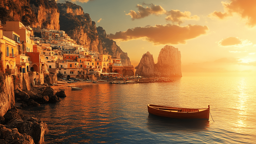 Ein malerisches Küstendorf an der italienischen Amalfi-Küste im goldenen Licht des Sonnenuntergangs.