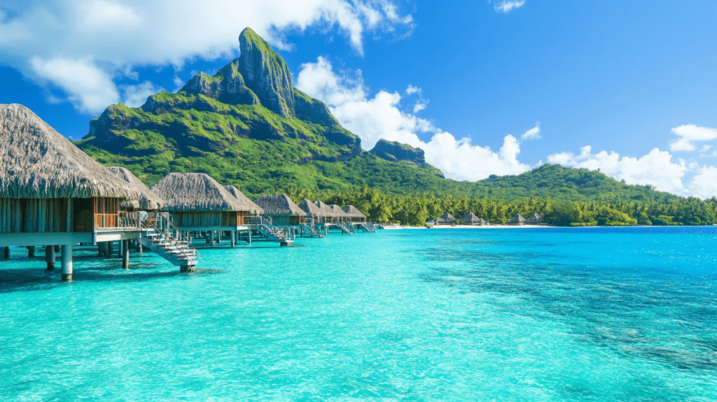 Traumhafte Überwasser-Bungalows vor tropischer Kulisse mit azurblauem Meer und üppiger Vegetation