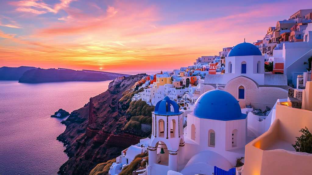 Die ikonischen weißen Häuser mit blauen Dächern von Santorini leuchten im spektakulären Sonnenuntergang.