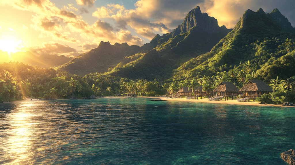 Eine unberührte tropische Bucht mit Bergen, Palmen und traditionellen Strohhütten am türkisfarbenen Wasser.