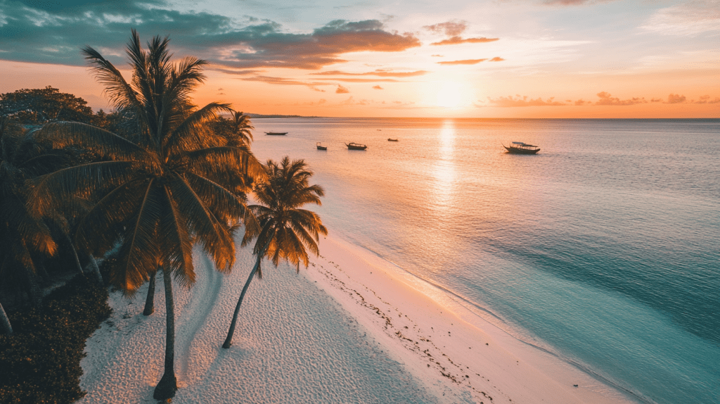 Ein tropischer Sandstrand mit Palmen, Fischerbooten und einem spektakulären Sonnenuntergang